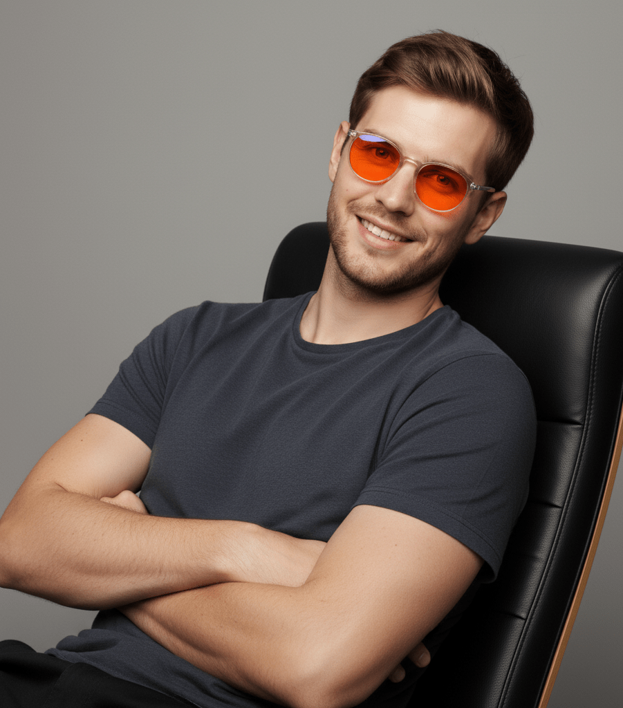 Lucen - Ember - Model wearing blue light blocking glasses