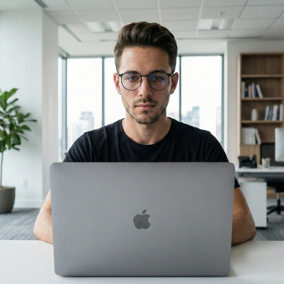 Man using laptop wearing metal-frame glasses with clear blue light lenses