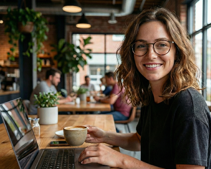 Young woman in cafe wearing round metal-frame glasses with clear blue light lenses