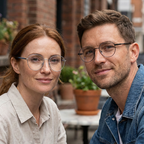 Models wearing round blue light blocking glasses